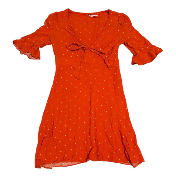 🍊 FREE PEOPLE Orange Polka Dot Tie-Front Mini Dress Sz 0 🍊 - Picture 2 of 4